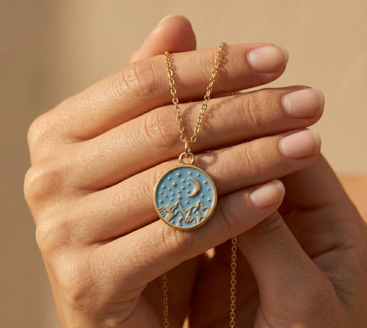 Mountain Necklace Gold • Summer Nature Necklace Women • Blue Enamel Moon Star Pendant • Boho Outdoor Jewelry Gift • Birthday Gift for Her