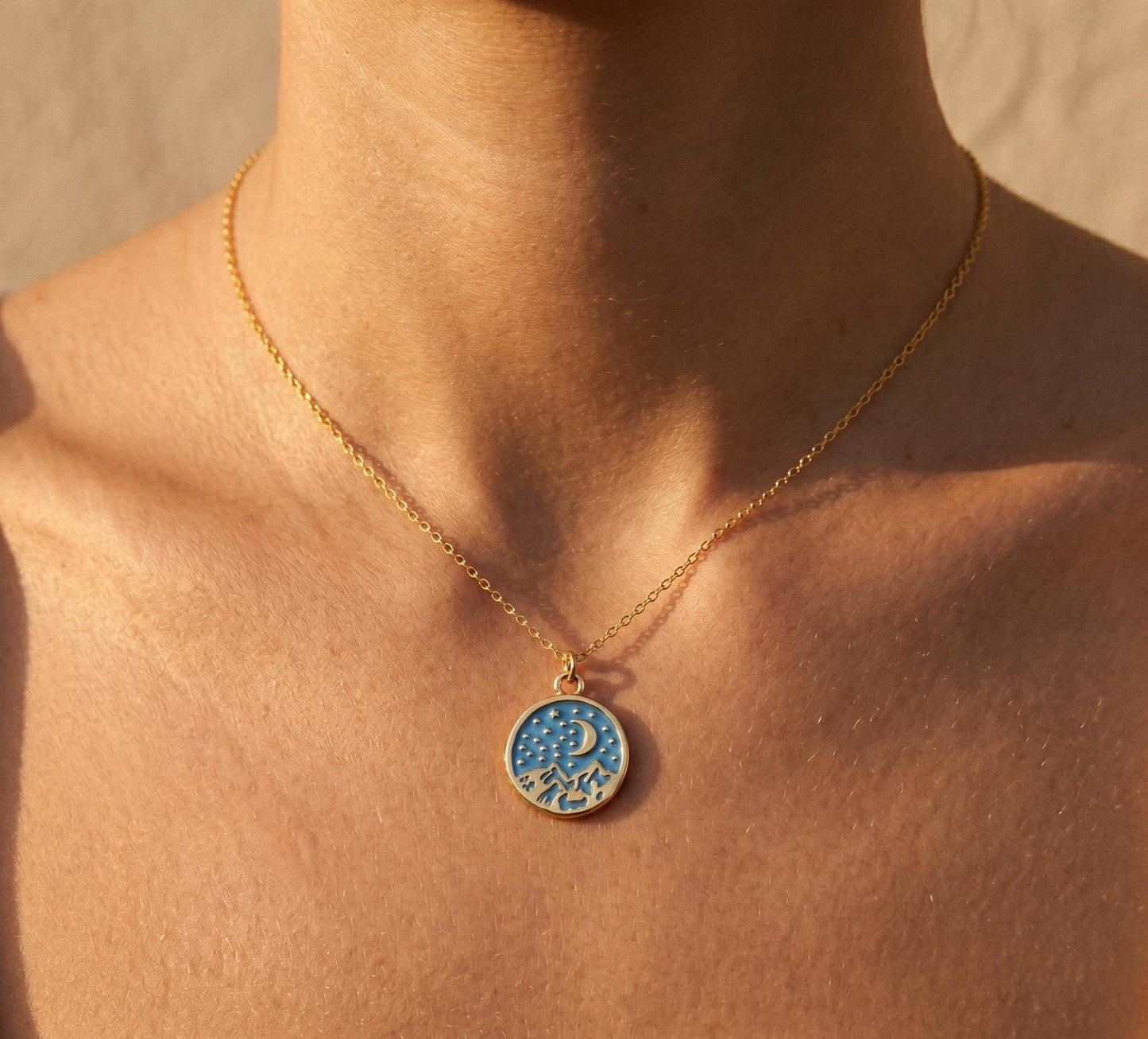 Mountain Necklace Gold • Summer Nature Necklace Women • Blue Enamel Moon Star Pendant • Boho Outdoor Jewelry Gift • Birthday Gift for Her
