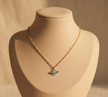Saturn Necklace Gold • Summer Celestial Necklace Women • Blue Enamel Planet Pendant • Cute Space Jewelry Gift • Birthday Gift for Her