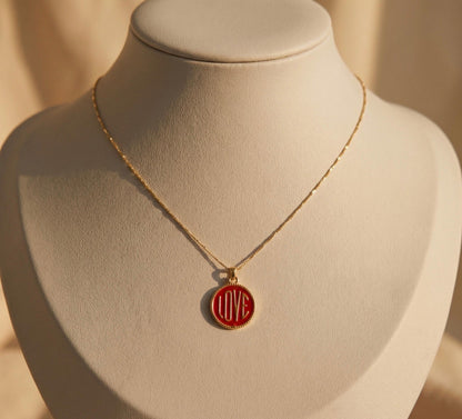 Love Necklace Gold • Red Enamel Love Coin Pendant • Summer Statement Necklace • Enamel Word Necklace Women • Birthday Gift for Her