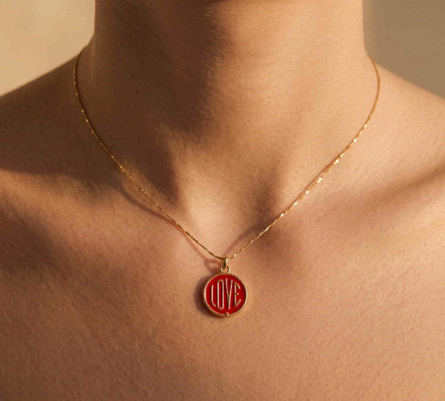 Love Necklace Gold • Red Enamel Love Coin Pendant • Summer Statement Necklace • Enamel Word Necklace Women • Birthday Gift for Her