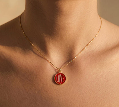 Love Necklace Gold • Red Enamel Love Coin Pendant • Summer Statement Necklace • Enamel Word Necklace Women • Birthday Gift for Her