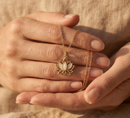 Lotus Necklace Gold • Mother of Pearl Lotus Pendant • Summer Spiritual Necklace • Yoga Meditation Jewelry Women • Birthday Gift for