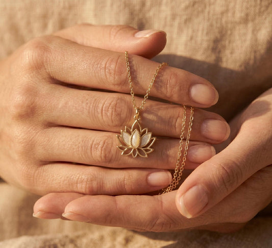 Lotus Necklace Gold • Mother of Pearl Lotus Pendant • Summer Spiritual Necklace • Yoga Meditation Jewelry Women • Birthday Gift for