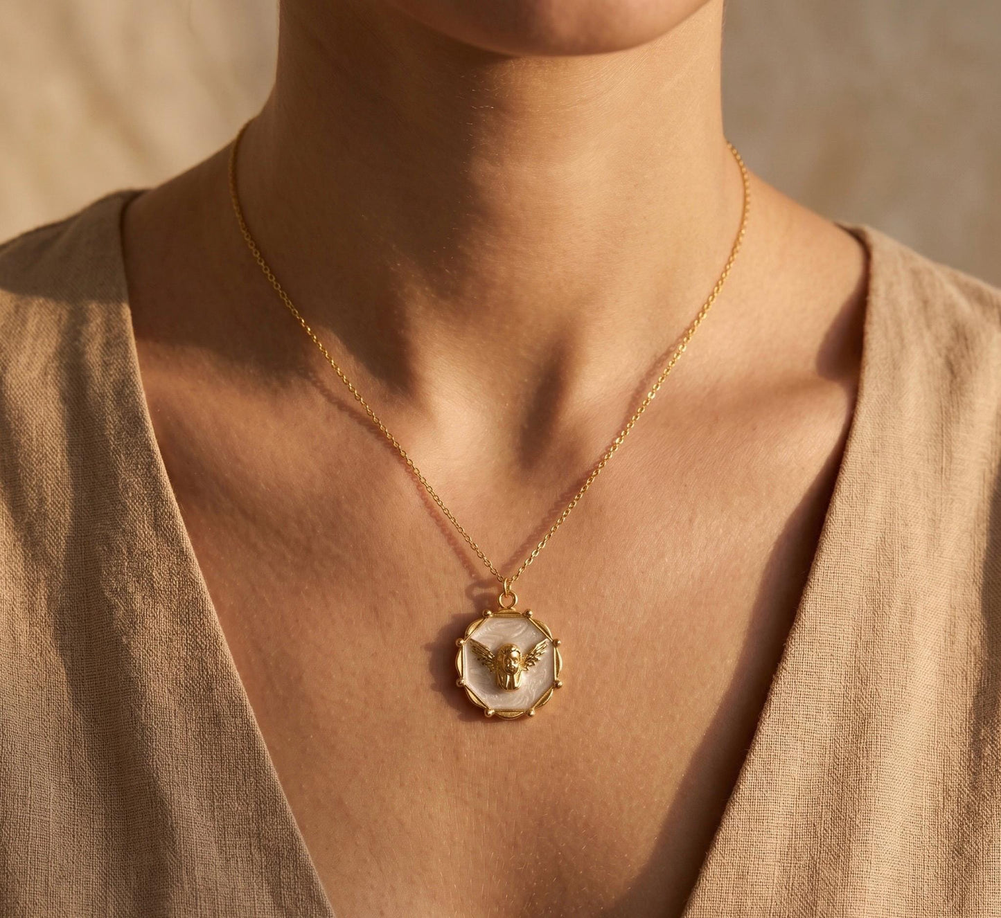 Angel Necklace Gold  • Large Mother of Pearl Angel Coin • Guardian Angel Pendant Women  • Cherub Medallion Necklace • Birthday Gift for her