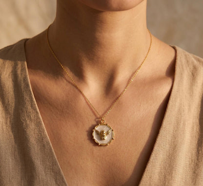 Angel Necklace Gold  • Large Mother of Pearl Angel Coin • Guardian Angel Pendant Women  • Cherub Medallion Necklace • Birthday Gift for her
